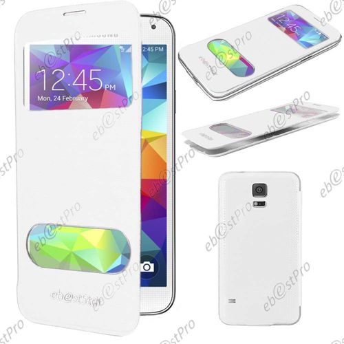 Ebeststar ® Housse Coque Etui Smart View Cover Type S-View Portefeuille Livre Pour Samsung Galaxy S5 Sm-G900f, G900, G900h, Couleur Blanc + 1 Film Protection D'écran + Lingette