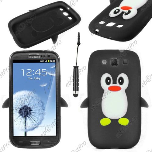 Ebeststar ® Etui Housse Coque Pingouin Silicone Souple Design Fun Pour Samsung Galaxy S3 I9300 I9305, Couleur Noir + Mini Stylet + 1 Film Protection D'écran + Lingette
