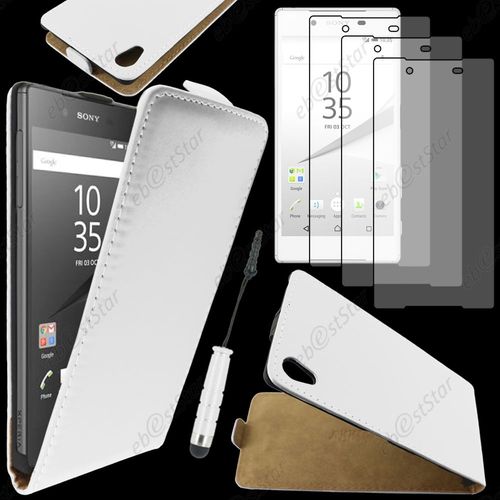 Ebeststar ® Housse Coque Etui En Pu Cuir À Rabat Ultra Fine (Slim Case) Pour Sony Xperia Z5, Z5 Dual, Couleur Blanc + Mini Stylet 3 Film