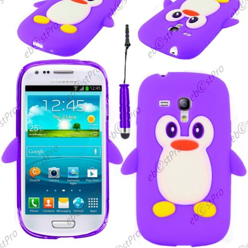 Ebeststar ® Etui Housse Coque Pingouin Silicone Souple Design Fun Pour Samsung Galaxy S3 Mini Gt-I8190, I8190n, Couleur Violet + Mini Stylet + 1 Film Protection D'écran + Lingette