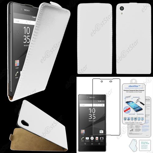 Ebeststar ® Housse Coque Etui En Pu Cuir À Rabat Ultra Fine (Slim Case) Pour Sony Xperia Z5, Z5 Dual, Couleur Blanc + Film Verre Trempé