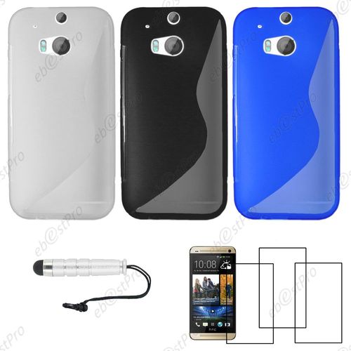 Ebeststar ® Lot X3 Housse Etui Coque Silicone Gel Motif S-Line Protection Souple Pour Htc One M8 2014, Couleur Transparent, Noir, Bleu + Mini Stylet 3 Film