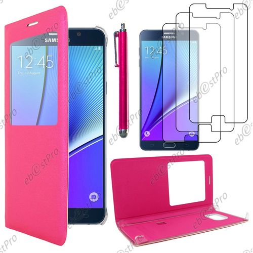 Ebeststar ® Housse Coque Etui Smart View Type S-View Portefeuille Pour Samsung Galaxy Note5 Sm-N920f Note 5, Couleur Rose + Stylet 3 Film