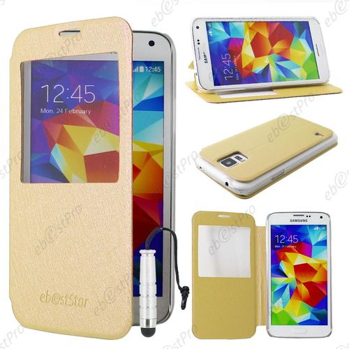 Ebeststar ® Coque Etui Flip View Cover Housse Portefeuille Grande Fenêtre Pour Samsung Galaxy S5 Sm-G900f, G900, G900h, Couleur Jaune + Mini Stylet + 1 Film Protection D'écran + Lingette