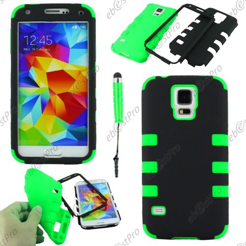Ebeststar ® Coque Spider Tripple Couche Armor Housse Etui Pour Samsung Galaxy S5 Sm-G900f, G900, G900h, Couleur Vert + Mini Stylet + 1 Film Protection D'écran + Lingette