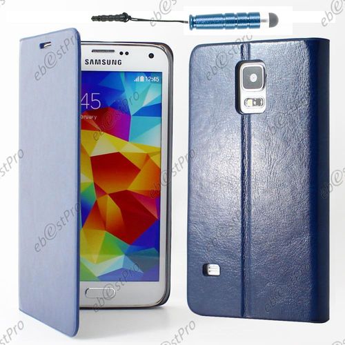 Ebeststar ® Housse Coque Etui Portefeuille Folio Book Livre Pu Cuir Pour Samsung Galaxy S5 Sm-G900f, G900, G900h, Couleur Bleu + Mini Stylet + 1 Film Protection D'écran + Lingette