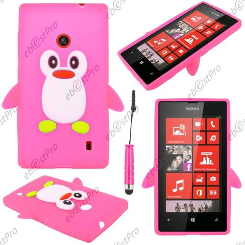 Ebeststar ® Etui Housse Coque Pingouin Silicone Souple Design Fun Pour Nokia Lumia 520, Couleur Rose + Mini Stylet + 1 Film Protection D'écran + Lingette