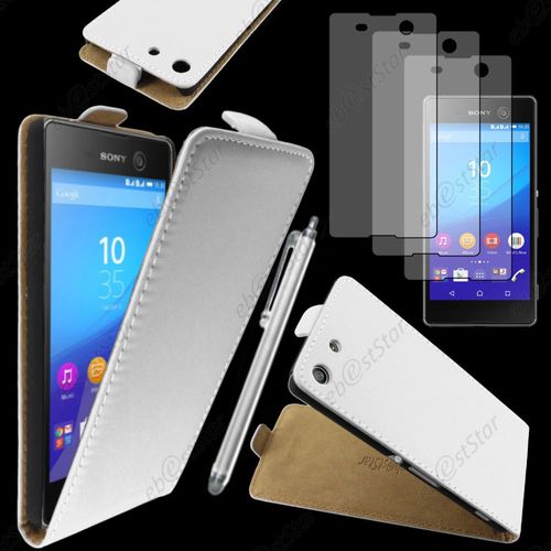 Ebeststar ® Housse Coque Etui En Pu Cuir À Rabat Ultra Fine (Slim Case) Pour Sony Xperia M5, M5 Dual, Couleur Blanc + Stylet 3 Film