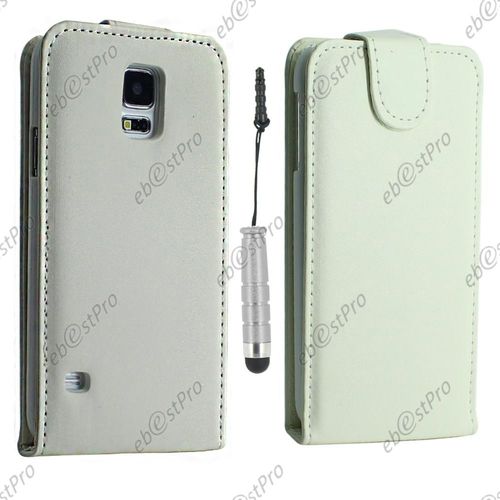 Ebeststar ® Housse Coque Etui Simili Cuir À Rabat Vertical Pour Samsung Galaxy S5 Sm-G900f, G900, G900h, Couleur Blanc + Mini Stylet + 1 Film Protection D'écran + Lingette