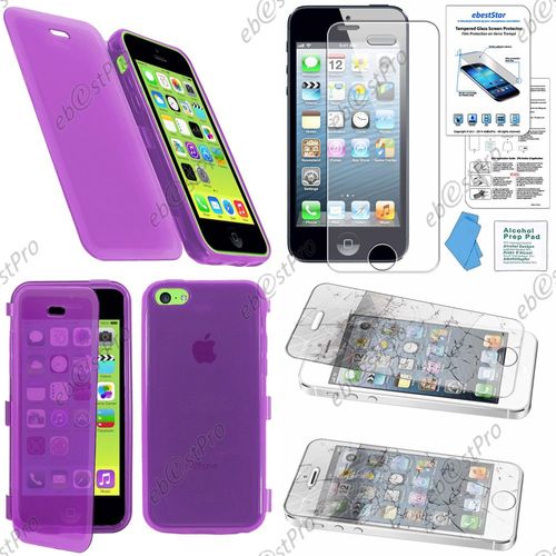 Ebeststar® Film Verre Trempé + Etui Portefeuille Rabattable Livre Housse Coque Silicone Gel Pour Apple Iphone 5c, Couleur Violet