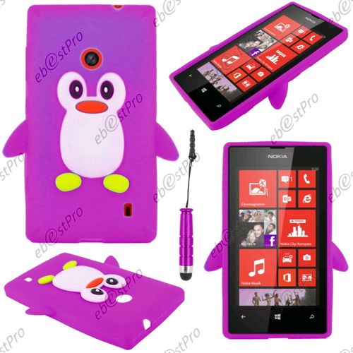 Ebeststar ® Etui Housse Coque Pingouin Silicone Souple Design Fun Pour Nokia Lumia 520, Couleur Violet + Mini Stylet + 1 Film Protection D'écran + Lingette