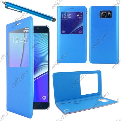Ebeststar ® Housse Coque Etui Smart View Type S-View Portefeuille Pour Samsung Galaxy Note5 Sm-N920f Note 5, Couleur Bleu + Stylet + 1 Film Protection D'écran + Lingette