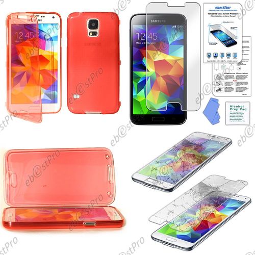 Ebeststar® Film Verre Trempé + Etui Portefeuille Rabattable Livre Housse Coque Silicone Gel Pour Samsung Galaxy S5 Sm-G900f, G900, G900h, Couleur Rouge