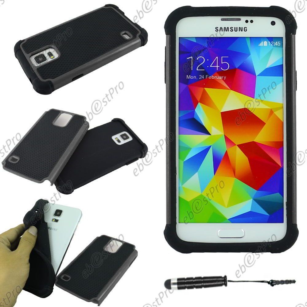 Ebeststar ® Coque Duo Bi-Couches En Silicone Et Polycarbonate Etui Housse Pour Samsung Galaxy S5 Sm-G900f, G900, G900h, Couleur Gris + Mini Stylet + 1 Film Protection D'écran + Lingette
