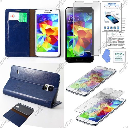 Ebeststar ® Housse Coque Etui Portefeuille Folio Book Livre Pu Cuir Pour Samsung Galaxy S5 Sm-G900f, G900, G900h, Couleur Bleu + Film Verre Trempé