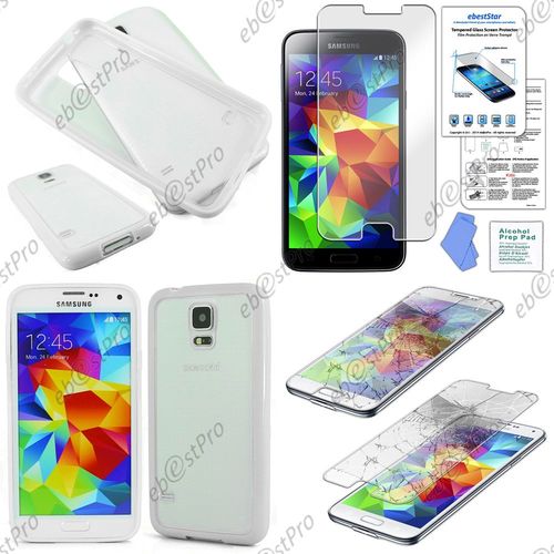 Ebeststar ® Pour Samsung Galaxy S5 Sm-G900f, G900, G900h Etui Housse Coque Crystale Hybride Rigide Contour Bumper Silicone Gel, Couleur Blanc + Film Verre Trempé