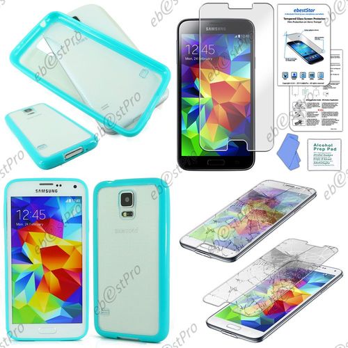 Ebeststar ® Pour Samsung Galaxy S5 Sm-G900f, G900, G900h Etui Housse Coque Crystale Hybride Rigide Contour Bumper Silicone Gel, Couleur Bleu + Film Verre Trempé