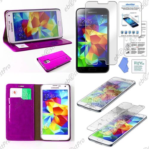 Ebeststar ® Pour Samsung Galaxy S5 Sm-G900f, G900, G900h Etui Portefeuille Housse Coque Protection Folio, Couleur Violet + Film Verre Trempé