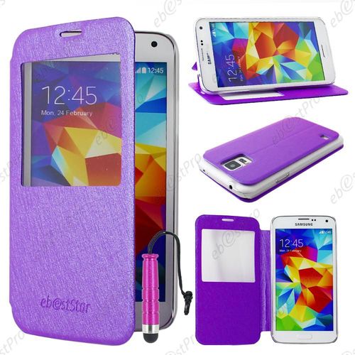 Ebeststar ® Coque Etui Flip View Cover Housse Portefeuille Grande Fenêtre Pour Samsung Galaxy S5 Sm-G900f, G900, G900h, Couleur Violet + Mini Stylet + 1 Film Protection D'écran + Lingette