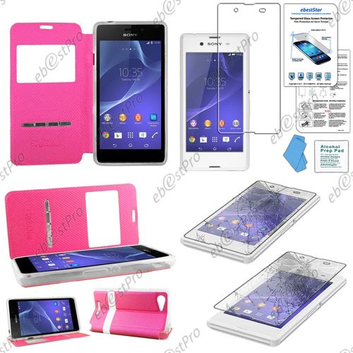 Ebeststar ® Housse Coque Etui Smart View Cover Type S-View Portefeuille Livre Pour Sony Xperia E3 D2203, Couleur Rose + Film Verre Trempé