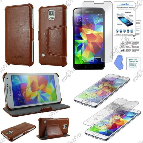 Ebeststar ® Pour Samsung Galaxy S5 Sm-G900f, G900, G900h Etui Coque Housse Cuir Pu Avec Support Stand, Couleur Marron + Film Verre Trempé