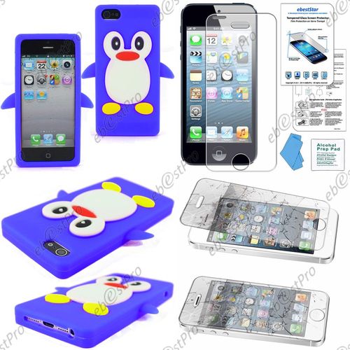 Ebeststar® Film Verre Trempé + Housse Silicone Souple Etui Coque Design Pingouin Pour Apple Iphone 5s, 5, Couleur Bleu