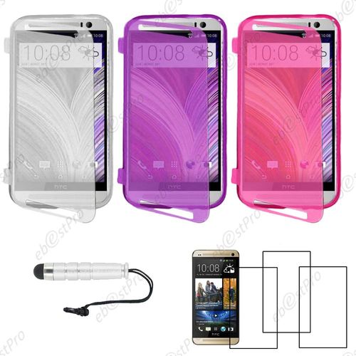Ebeststar ® Lot X3 Housse Etui Coque Portefeuille Livre Silicone Gel Pour Htc One M8 2014, Couleur Transparent, Violet, Rose + Mini Stylet 3 Film