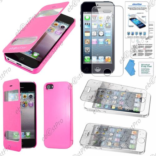Ebeststar® Film Verre Trempé + Housse Pochette Protection Coque Etui Type S-View Pour Apple Iphone 5s, 5, Couleur Rose