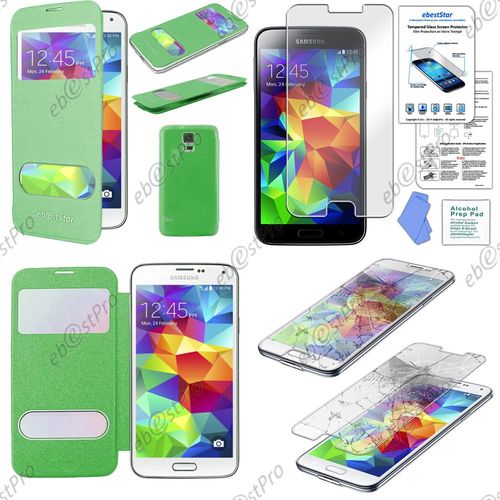 Ebeststar® Film Verre Trempé + Housse Pochette Protection Coque Etui Type S-View Pour Samsung Galaxy S5 Sm-G900f, G900, G900h, Couleur Vert