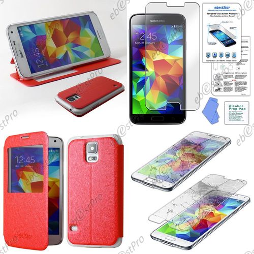 Ebeststar ® Pour Samsung Galaxy S5 Sm-G900f, G900, G900h Housse Portefeuille Coque Etui Flip View Cover Fenêtre, Couleur Rouge + Film Verre Trempé