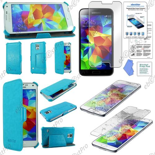 Ebeststar ® Housse Etui Cuir Pu Luxe Avec Support Stand Pour Samsung Galaxy S5 Sm-G900f, G900, G900h, Couleur Bleu + Film Verre Trempé