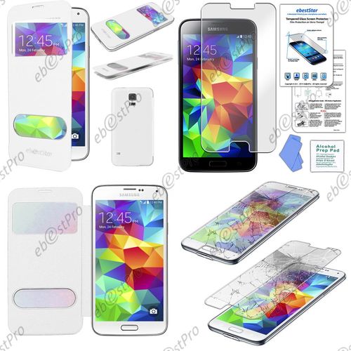 Ebeststar ® Housse Coque Etui Smart View Cover Type S-View Portefeuille Livre Pour Samsung Galaxy S5 Sm-G900f, G900, G900h, Couleur Blanc + Film Verre Trempé