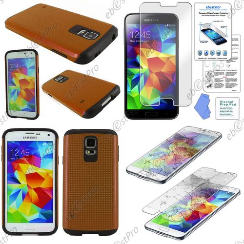 Ebeststar® Film Verre Trempé + Deux Couches De Protection Coque Duo En Silicone Et Polycarbonate Etui Housse Pour Samsung Galaxy S5 Sm-G900f, G900, G900h, Couleur Marron