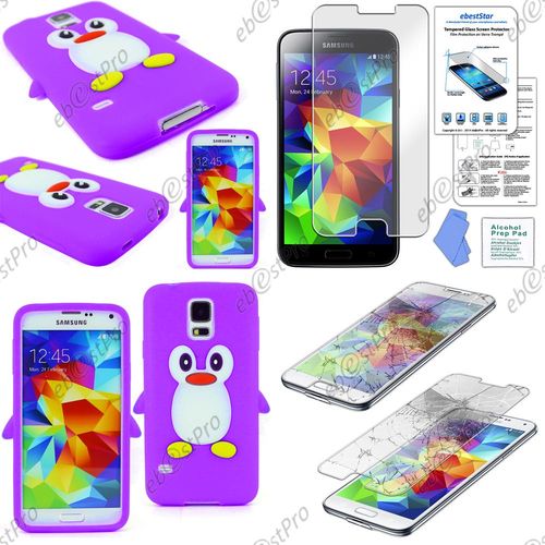 Ebeststar ® Pour Samsung Galaxy S5 Sm-G900f, G900, G900h Coque Pingouin Silicone Souple Etui Housse Design Fun, Couleur Violet + Film Verre Trempé