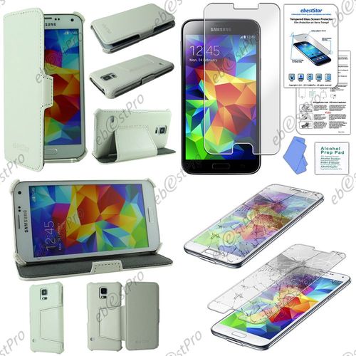Ebeststar ® Pour Samsung Galaxy S5 Sm-G900f, G900, G900h Etui Coque Housse Cuir Pu Avec Support Stand, Couleur Blanc + Film Verre Trempé