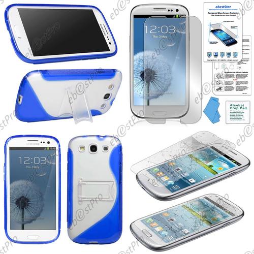 Ebeststar ® Etui Housse Coque Rigide S-Line Stand Support Bequille Pour Samsung Galaxy S3 I9300 I9305, Couleur Bleu + Film Verre Trempé