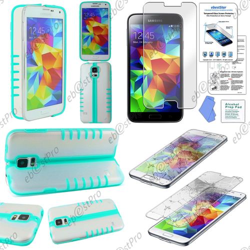 Ebeststar ® Pour Samsung Galaxy S5 Sm-G900f, G900, G900h Etui Housse Coque Stand Pliable Hybride Rigide Crystal Silicone Gel, Couleur Bleu + Film Verre Trempé