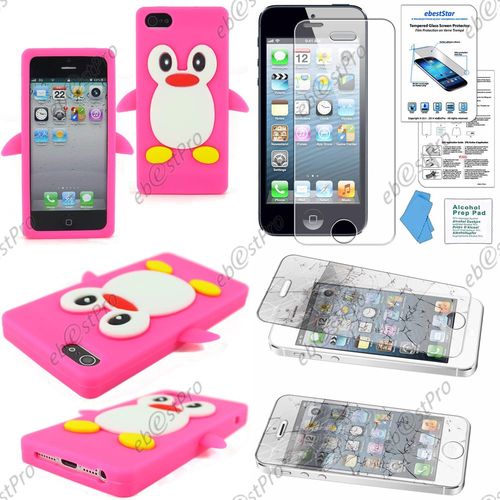 Ebeststar® Film Verre Trempé + Housse Silicone Souple Etui Coque Design Pingouin Pour Apple Iphone 5s, 5, Couleur Rose