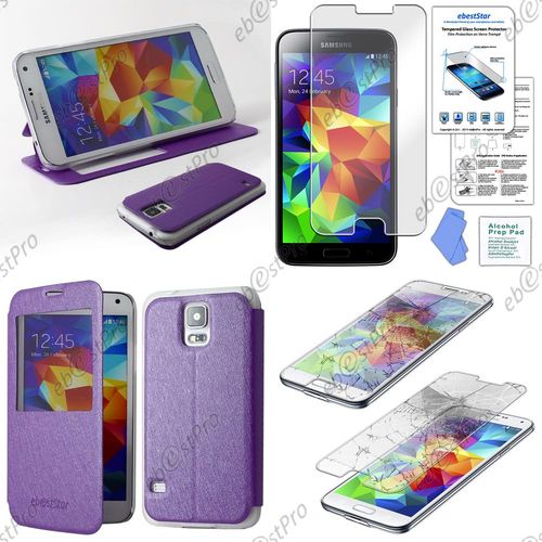 Ebeststar® Film Verre Trempé + Etui Flip View Cover Housse Portefeuille Coque Pochette Fenêtre Transparente Pour Samsung Galaxy S5 Sm-G900f, G900, G900h, Couleur Violet