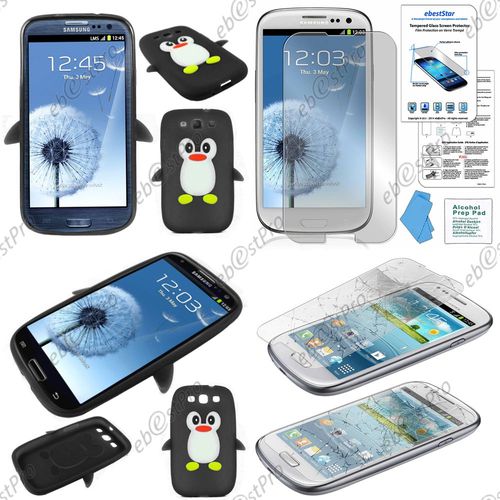 Ebeststar® Film Verre Trempé + Housse Silicone Souple Etui Coque Design Pingouin Pour Samsung Galaxy S3 I9300 I9305, Couleur Noir