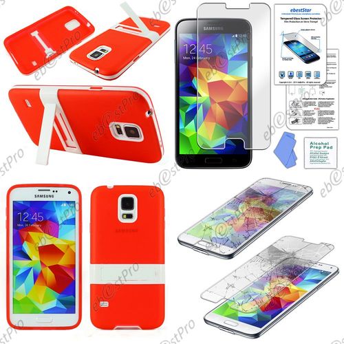 Ebeststar ® Pour Samsung Galaxy S5 Sm-G900f, G900, G900h Housse Support Stand Béquille Etui Coque Silicone Gel Tpu, Couleur Rouge + Film Verre Trempé