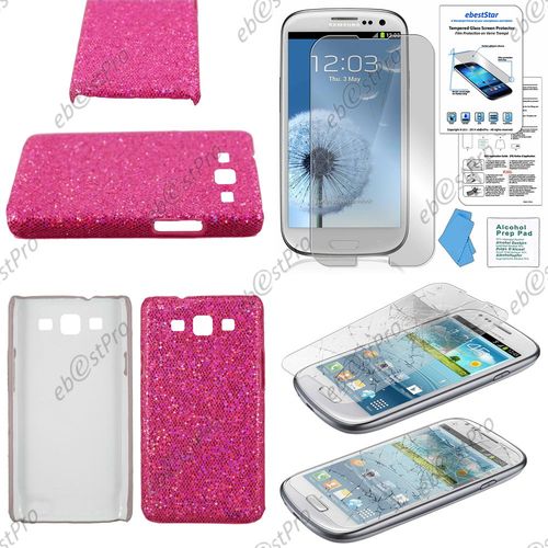 Ebeststar® Film Verre Trempé + Housse Etui Coque Rigide Ultra Slim Paillettes Pour Samsung Galaxy S3 I9300 I9305, Couleur Rose