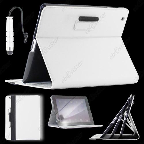 Ebeststar ® Housse Coque Etui Porte-Carte/Stylet Folio Book Livre Pu Cuir Pour Apple Ipad 4 Écran Retina, Ipad 4, Ipad 3, Ipad 2, Couleur Blanc + Mini Stylet + 1 Film Protection D'écran + Lingette