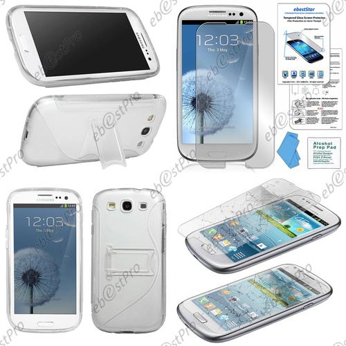 Ebeststar® Film Verre Trempé + Coque Rigide Vague S-Style Etui Housse Avec Support Pour Samsung Galaxy S3 I9300 I9305, Couleur Transparent