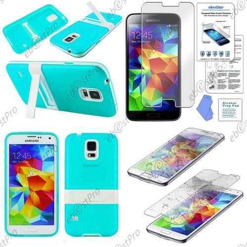 Ebeststar ® Pour Samsung Galaxy S5 Sm-G900f, G900, G900h Housse Support Stand Béquille Etui Coque Silicone Gel Tpu, Couleur Bleu + Film Verre Trempé