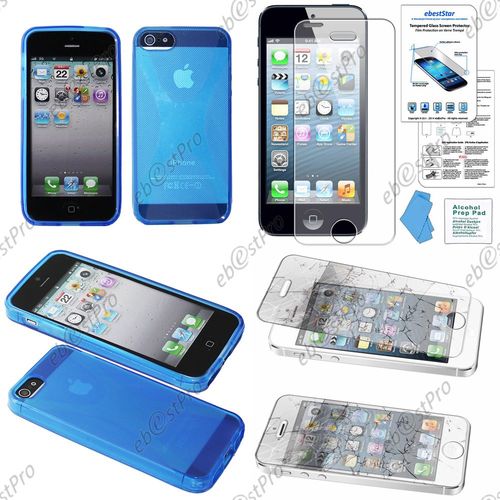 Ebeststar® Film Verre Trempé + Etui Housse Coque Silicone Protection En Gel Pour Apple Iphone 5s, 5, Couleur Bleu