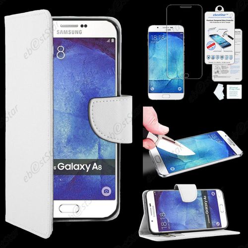 Ebeststar® Film Verre Trempé + Housse Portefeuille Coque Etui Protection Folio Pour Samsung Galaxy A8 Sm-A800f, Couleur Blanc