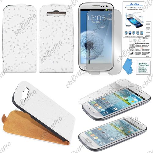 Ebeststar® Film Verre Trempé + Etui Pu Cuir Rabattable Avec Strass Housse Coque Ultra Slim Pour Samsung Galaxy S3 I9300 I9305, Couleur Blanc