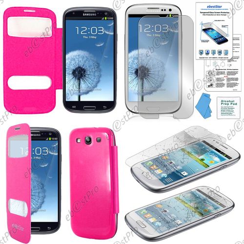 Ebeststar ® Pour Samsung Galaxy S3 I9300 I9305 Housse Pochette Protection Coque Type S-View Portefeuille Livre, Couleur Rose + Film Verre Trempé