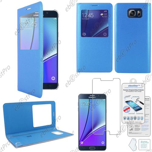 Ebeststar® Film Verre Trempé + Housse Pochette Protection Coque Etui Type S-View Pour Samsung Galaxy Note5 Sm-N920f Note 5, Couleur Bleu